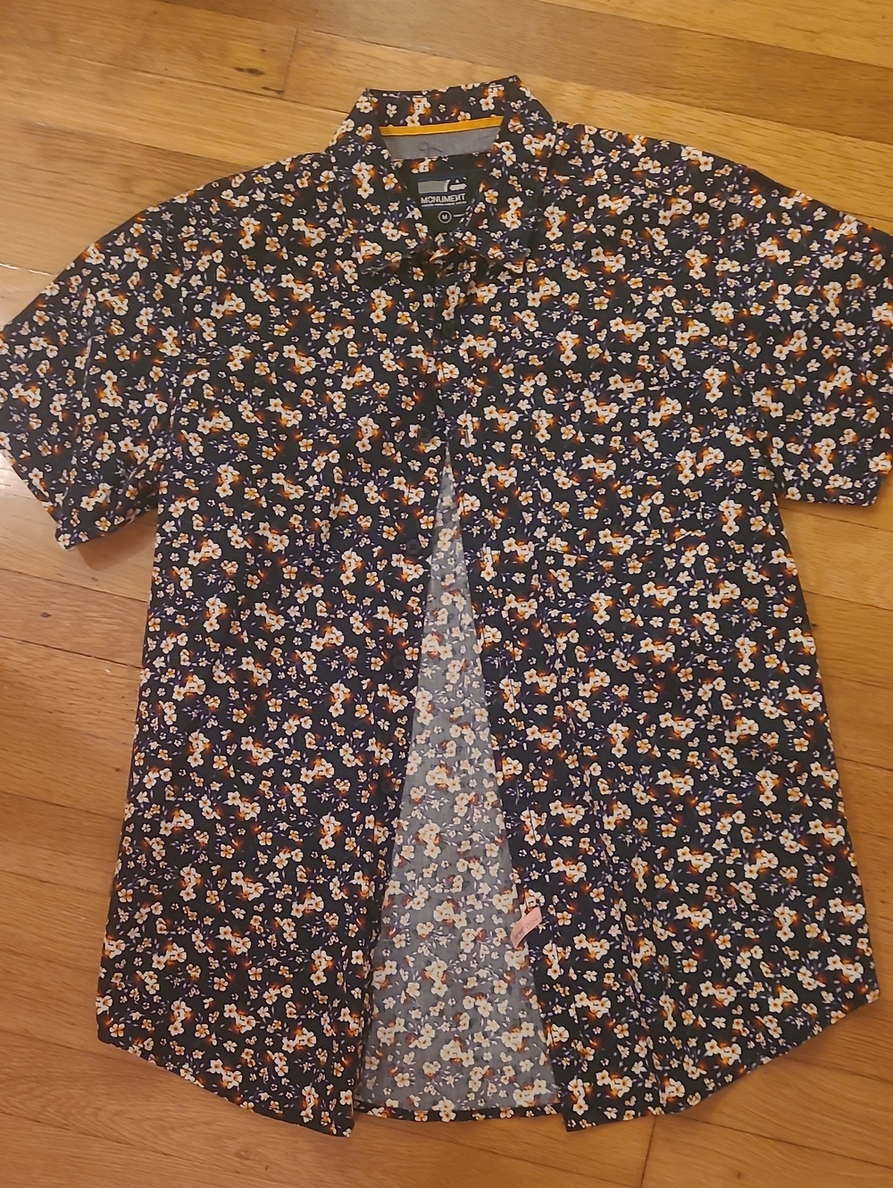 Modern Floral Short-Sleeve Button-Up Shirt - Navy with Yellow Floral